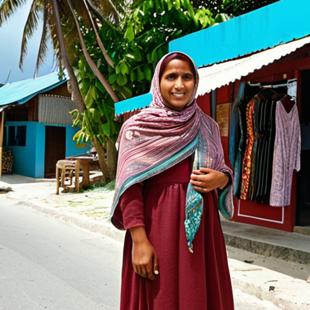 **A woman wearing a modest, stylish outfit including a shawl, standing on a Maldivian local island street. Background should feature local shops and people in traditional clothing, conveying a sense of respect for local culture.**