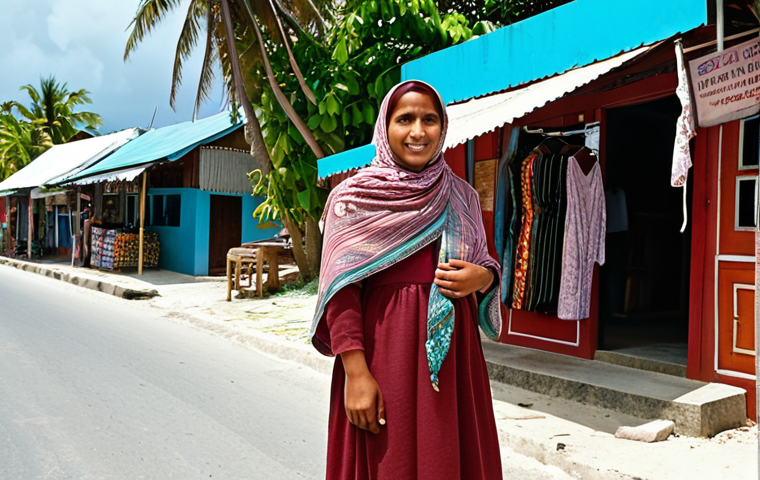 **A woman wearing a modest, stylish outfit including a shawl, standing on a Maldivian local island street. Background should feature local shops and people in traditional clothing, conveying a sense of respect for local culture.**
