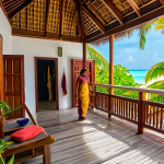 **A cozy guesthouse on a local Maldivian island, with traditional architecture and friendly locals interacting. Capture the essence of affordable travel and authentic Maldivian life.**