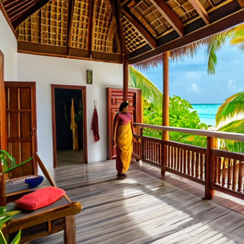 **A cozy guesthouse on a local Maldivian island, with traditional architecture and friendly locals interacting. Capture the essence of affordable travel and authentic Maldivian life.**