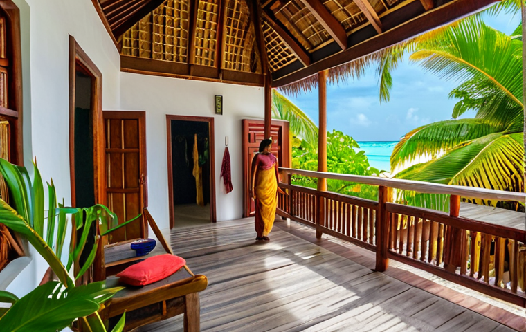 **A cozy guesthouse on a local Maldivian island, with traditional architecture and friendly locals interacting. Capture the essence of affordable travel and authentic Maldivian life.**