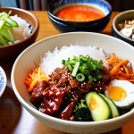 **

A vibrant and appetizing bibimbap bowl on a rustic wooden table, surrounded by small side dishes (banchan) in colorful ceramic bowls. Focus on the textures of the ingredients: shiny rice, fresh vegetables, and glistening gochujang sauce. In the soft background, suggest a cozy restaurant ambiance with warm lighting and blurred figures, evoking a sense of comfort and deliciousness.

**