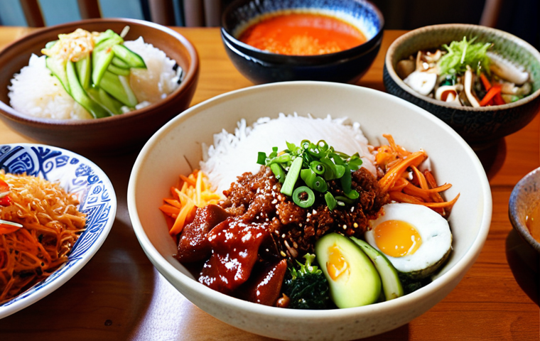 **

A vibrant and appetizing bibimbap bowl on a rustic wooden table, surrounded by small side dishes (banchan) in colorful ceramic bowls. Focus on the textures of the ingredients: shiny rice, fresh vegetables, and glistening gochujang sauce. In the soft background, suggest a cozy restaurant ambiance with warm lighting and blurred figures, evoking a sense of comfort and deliciousness.

**