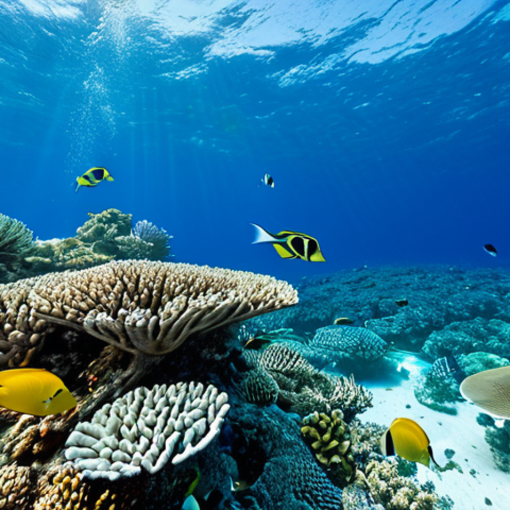 Underwater Paradise**

"A vibrant coral reef scene in the Maldives, teeming with colorful fish, safe for work, appropriate content, fully clothed snorkelers observing the marine life from the surface, perfect anatomy, natural proportions, professional underwater photography, bright and clear water, family-friendly, modest attire. Clear blue sky is visible above the water line."

**