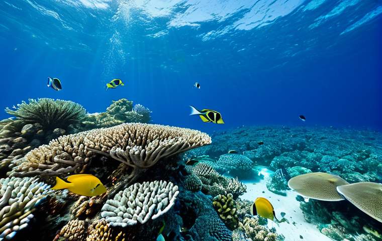 Underwater Paradise**

"A vibrant coral reef scene in the Maldives, teeming with colorful fish, safe for work, appropriate content, fully clothed snorkelers observing the marine life from the surface, perfect anatomy, natural proportions, professional underwater photography, bright and clear water, family-friendly, modest attire. Clear blue sky is visible above the water line."

**